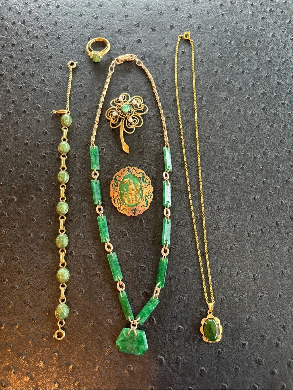 Green & Gold Statement Jewelry Set. Signed Hobe brooch.
